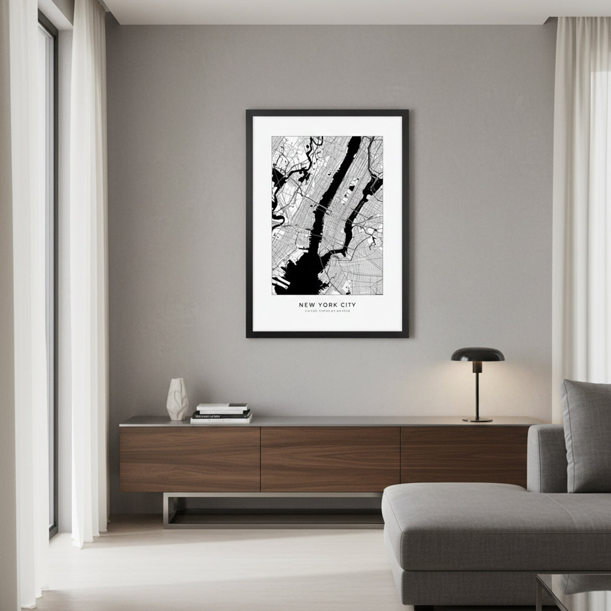 Quadro Cidade Nova York Tela Fosca Moldura Preta - Médio 50x70cm
