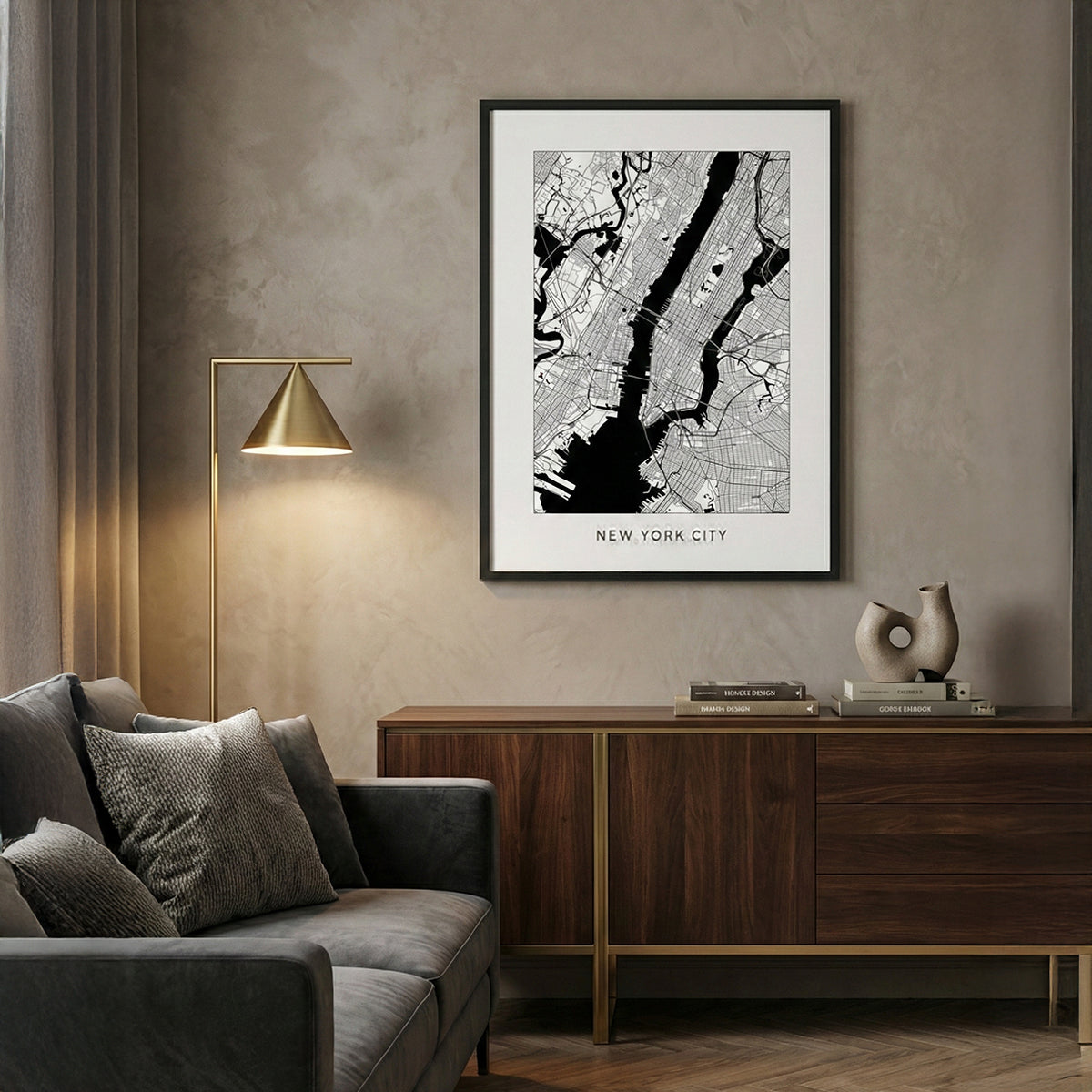 Quadro Cidade Nova York Tela Fosca Moldura Preta - Médio 50x70cm