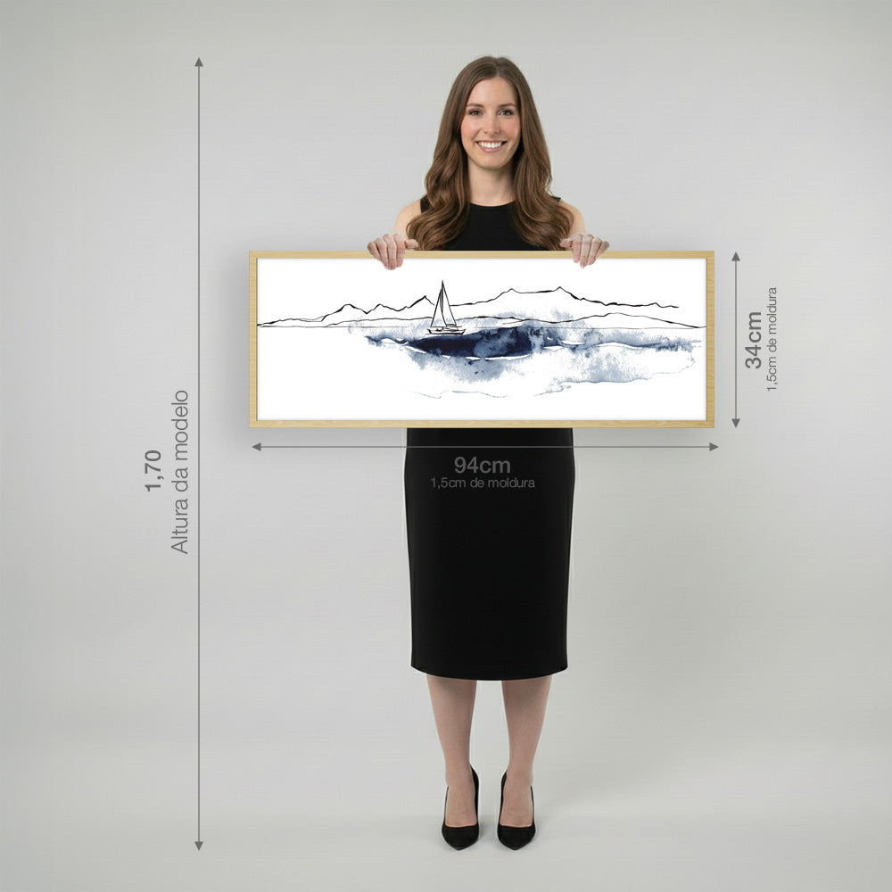 Quadro Barco no Mar com e sem Vidro Moldura Amadeirada - Médio 94x34cm