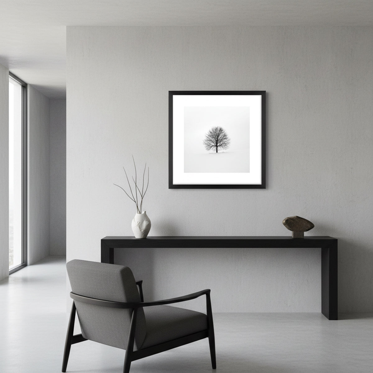 Quadro Árvore Seca Tela Fosca Moldura Preta - Pequeno 32x42cm