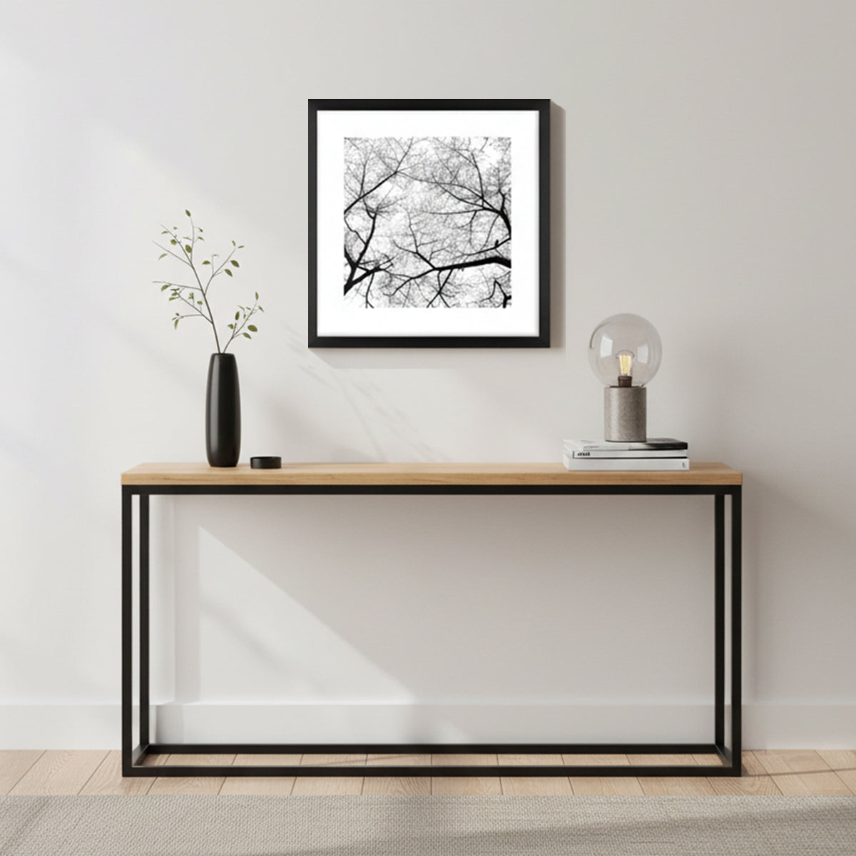 Quadro Galhos Copa Árvore Tela Fosca Moldura Preta - Pequeno 30x30cm