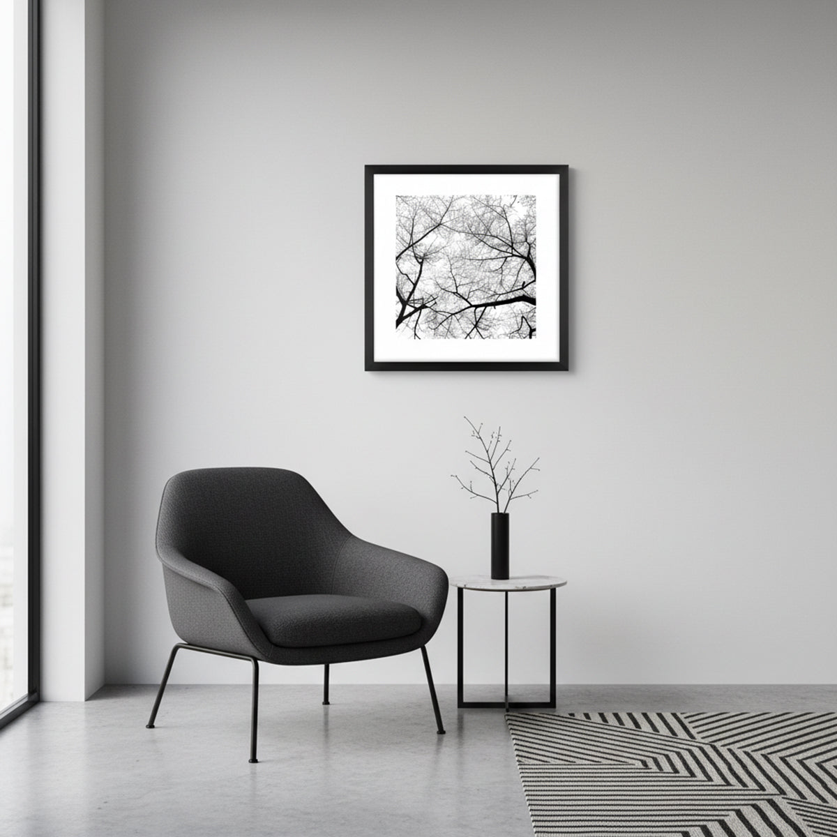 Quadro Galhos Copa Árvore Tela Fosca Moldura Preta - Pequeno 30x30cm