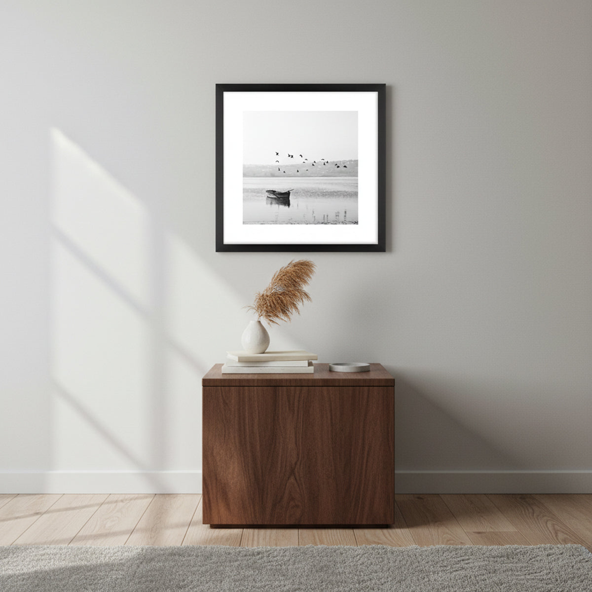 Quadro Pássaros Preto Branco Tela Fosca Moldura Preta - Pequeno 30x30cm