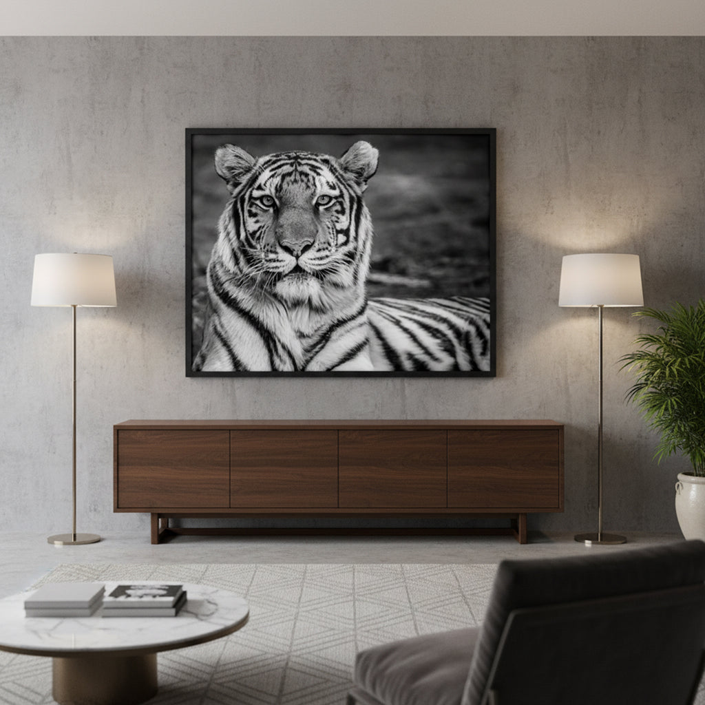Quadro Tigre Preto e Branco sem Vidro Moldura Preta - Grande 100x80cm