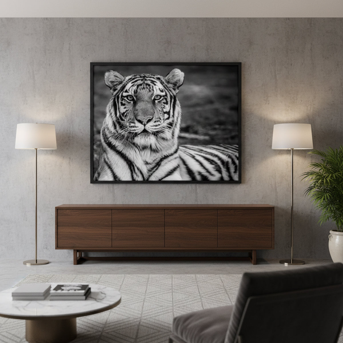 Quadro Tigre Preto e Branco com e sem Vidro Moldura Preta - Grande 100x80cm