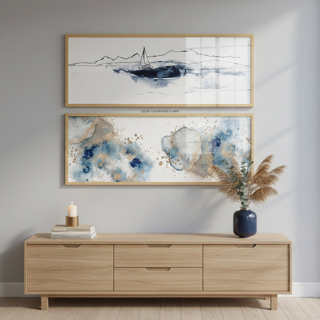 Quadro Barco no Mar sem Vidro Moldura Amadeirada - Médio 94x34cm