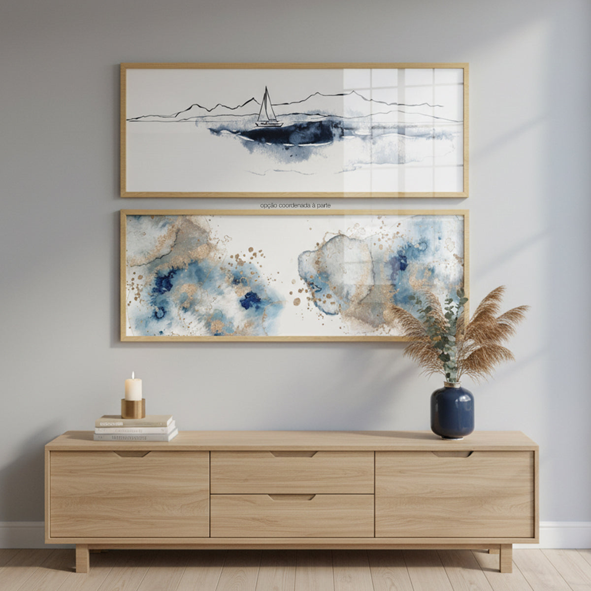 Quadro Barco no Mar sem Vidro Moldura Amadeirada - Médio 94x34cm