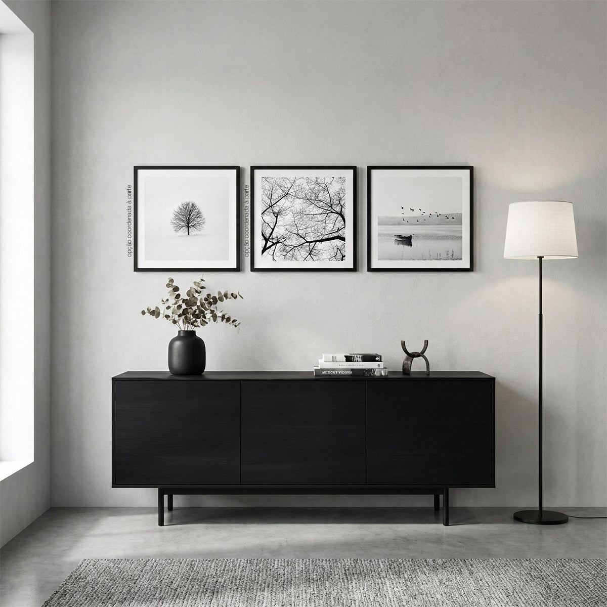 Quadro Pássaros Preto Branco Tela Fosca Moldura Preta - Pequeno 30x30cm