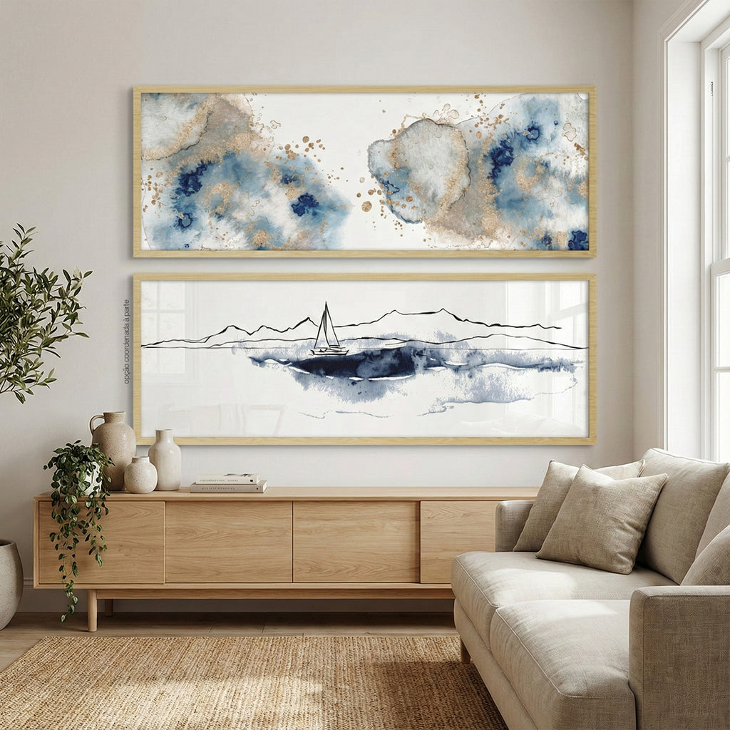 Quadro Abstrato Azul sem Vidro Moldura Amadeirada - Médio 94x34cm