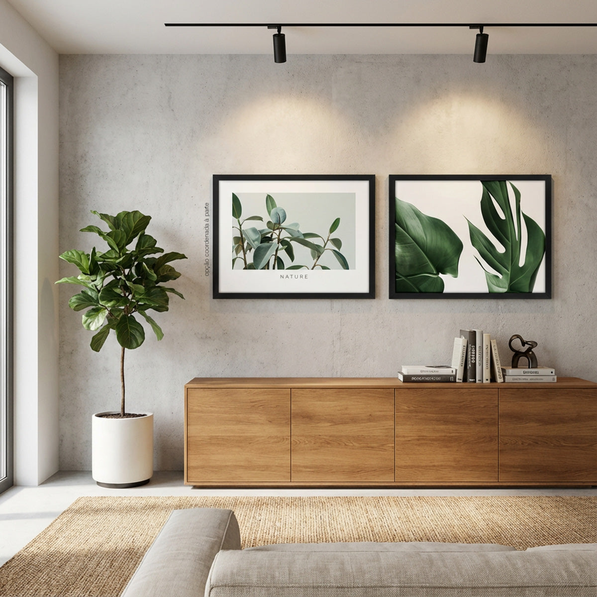 Quadro Botânico Folhas Tela Fosca Moldura Preta - Pequeno 32x42cm