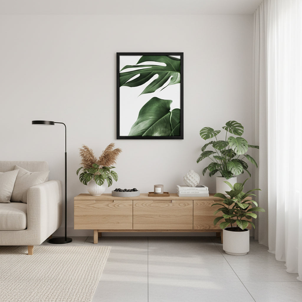 Quadro Botânico Folhas Tela Fosca Moldura Preta - Pequeno 32x42cm