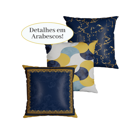 Kit Capa Almofada Geométrica Amarela e  Azul Brilho Acetinado Silk Home