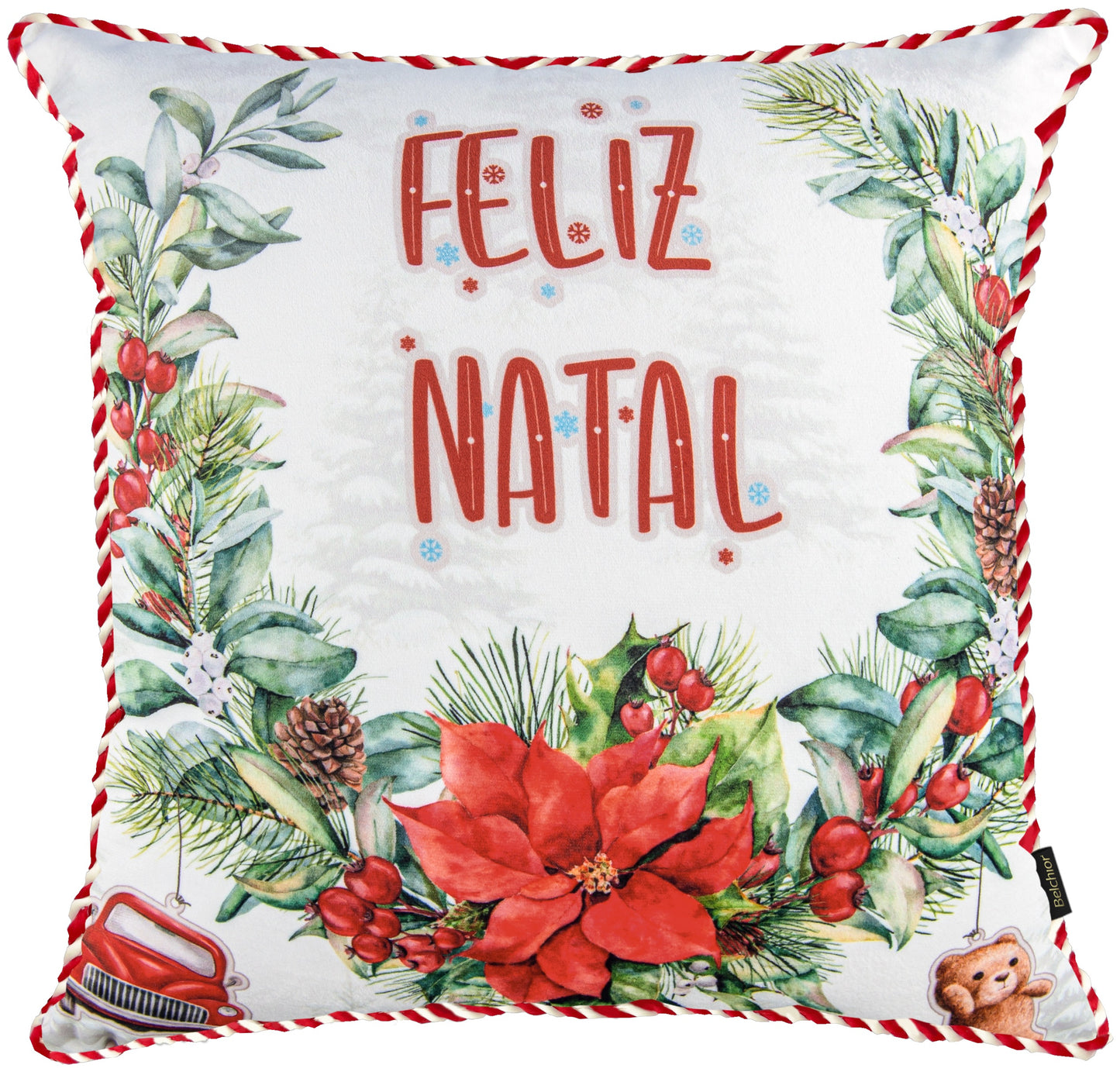 Capa Almofada Veludo Feliz Natal Guirlanda c/ Cordão 43x43cm